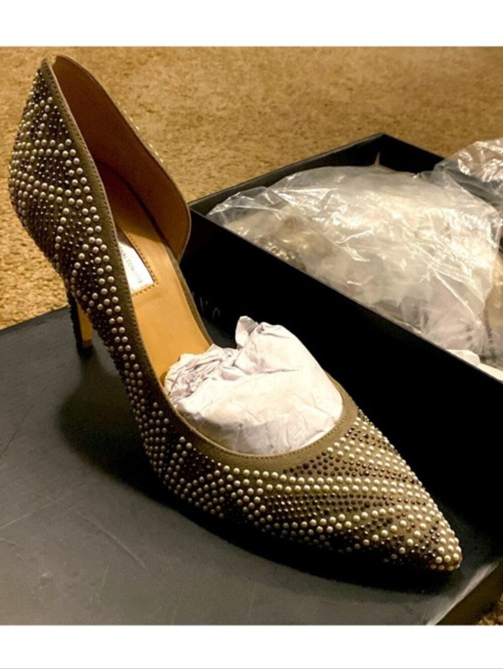 Pearl Studded Pointed-Toe Heel in Gray - Like NEW!